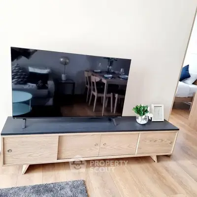 Modern living room with sleek TV stand and stylish decor