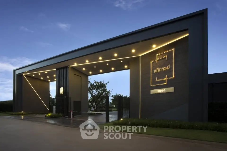 Stunning modern entrance of luxury residential complex with elegant lighting