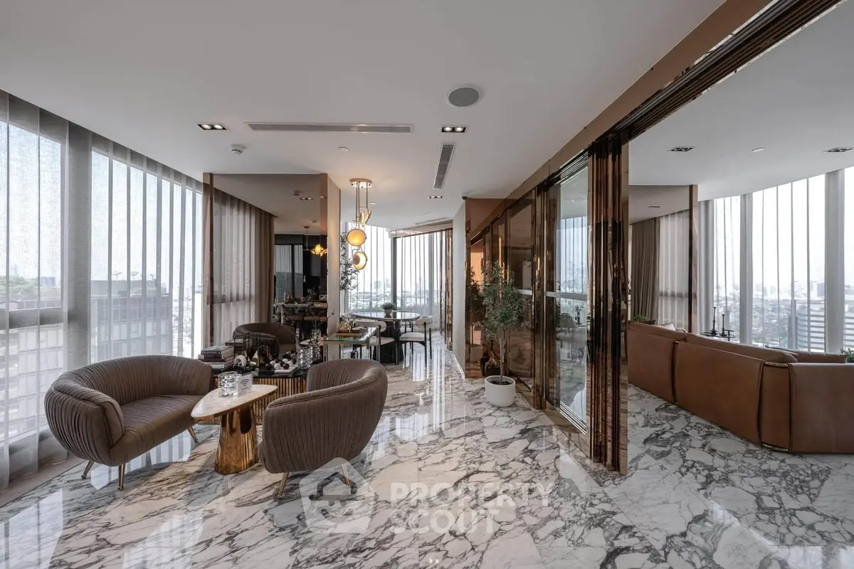 Luxurious modern living room with marble floors and panoramic city views