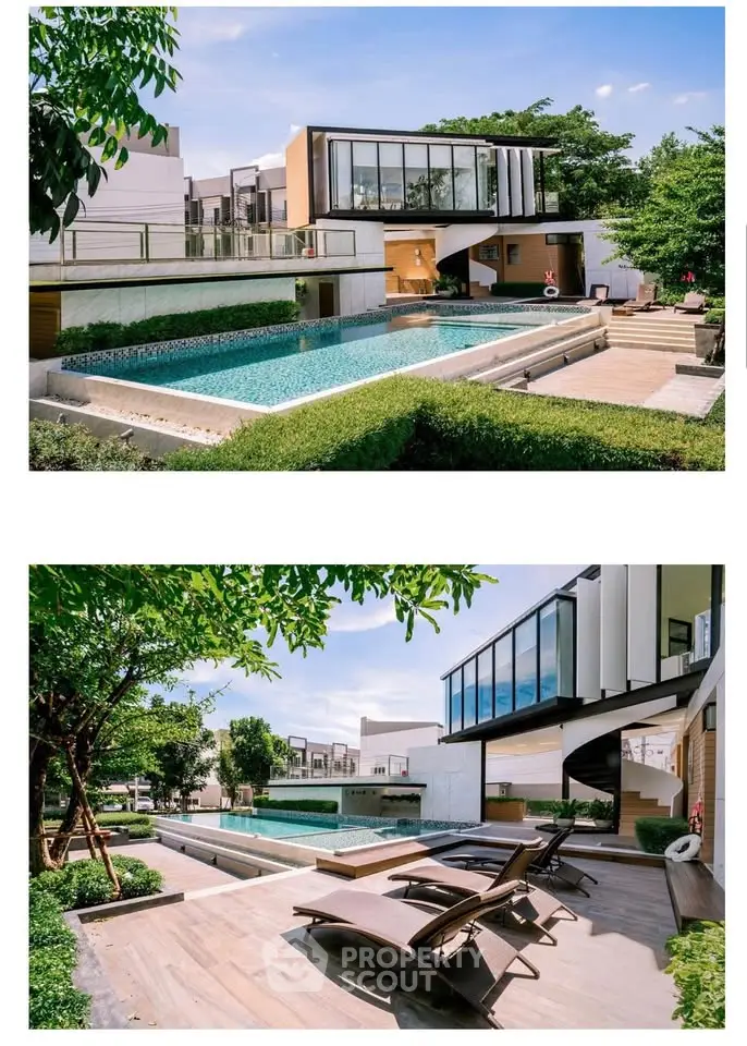 Luxurious modern home with stunning pool and lush garden, perfect for relaxation and entertainment.