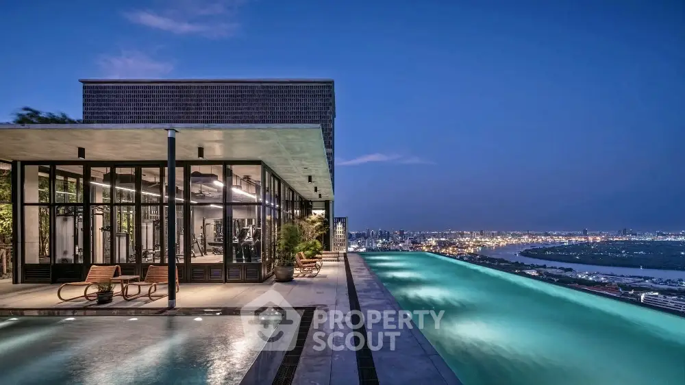 Luxurious rooftop infinity pool with stunning city skyline view at dusk.