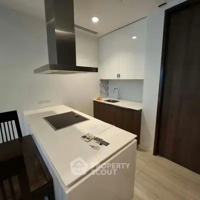 Modern kitchen with sleek design featuring an island cooktop and ample storage space.