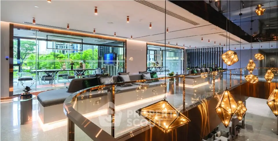 Luxurious modern living room with elegant lighting and garden view, perfect for sophisticated urban living.