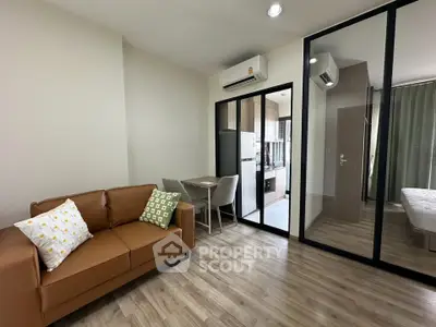 Modern apartment interior with cozy living room and sleek kitchen design