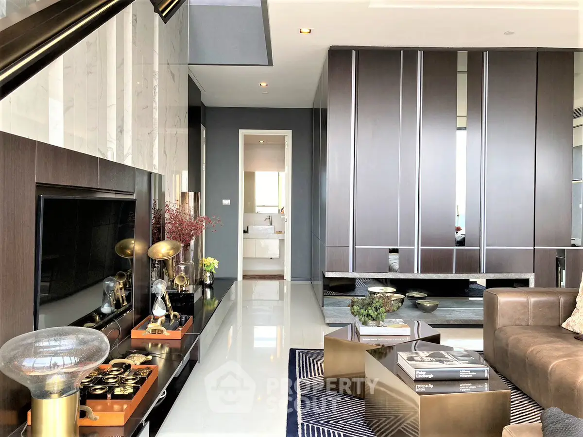 Luxurious living room with sleek modern design, featuring a large brown sofa, elegant fireplace, and sophisticated cabinetry, perfect for upscale urban living.