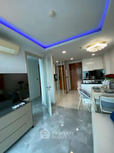 Modern apartment interior with open layout and stylish lighting