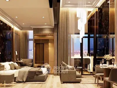 Luxurious modern bedroom with elegant decor and city view, featuring plush furnishings and ambient lighting.