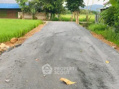 Charming rural road surrounded by lush greenery and distant mountains, ideal for serene living.