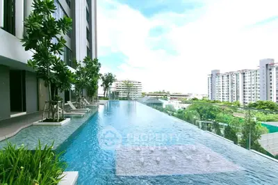 Luxurious infinity pool with stunning cityscape view in modern high-rise building.