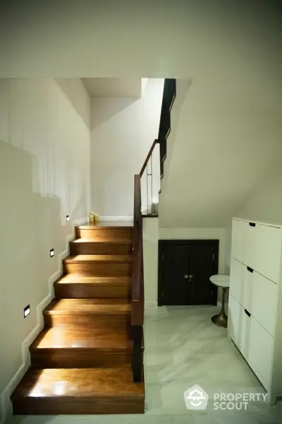 Elegant staircase with wooden steps and modern lighting in a stylish home interior