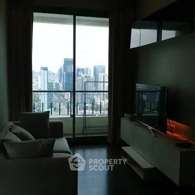 Modern living room with city view and sleek furniture