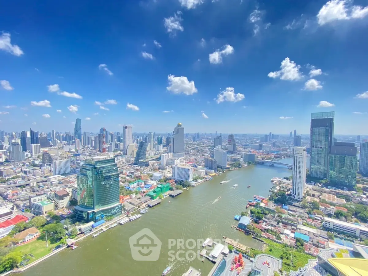 Stunning panoramic cityscape with river view and modern skyscrapers under a clear blue sky.
