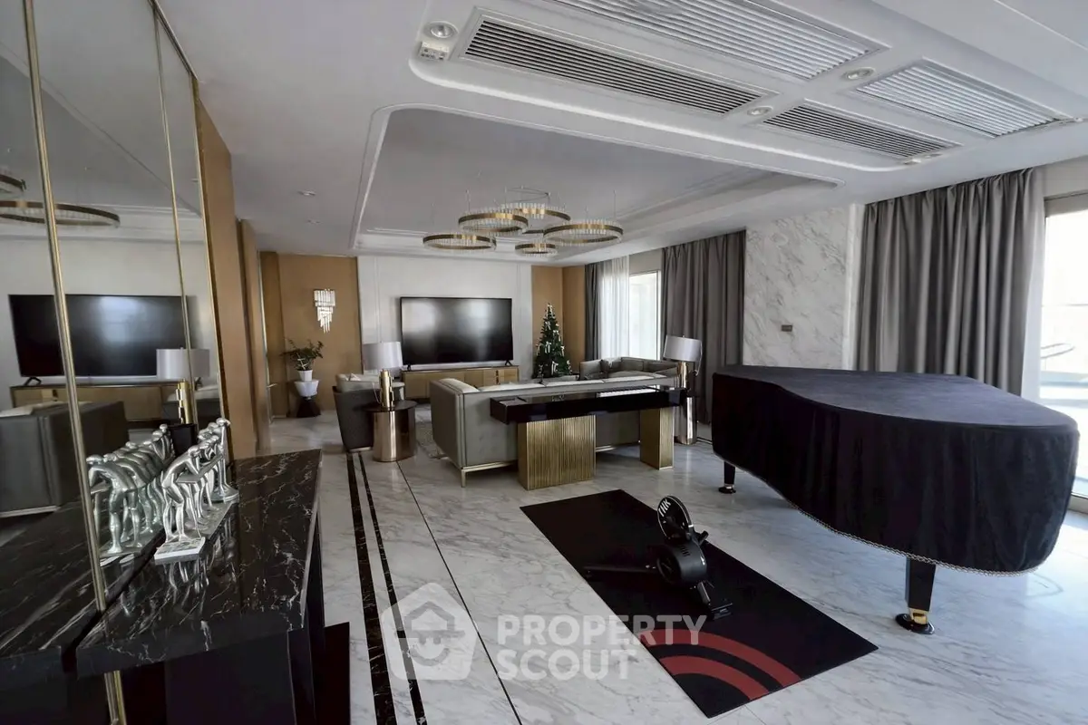 Luxurious living room with grand piano and modern decor