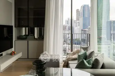 Modern living room with city view, sleek furniture, and floor-to-ceiling windows.