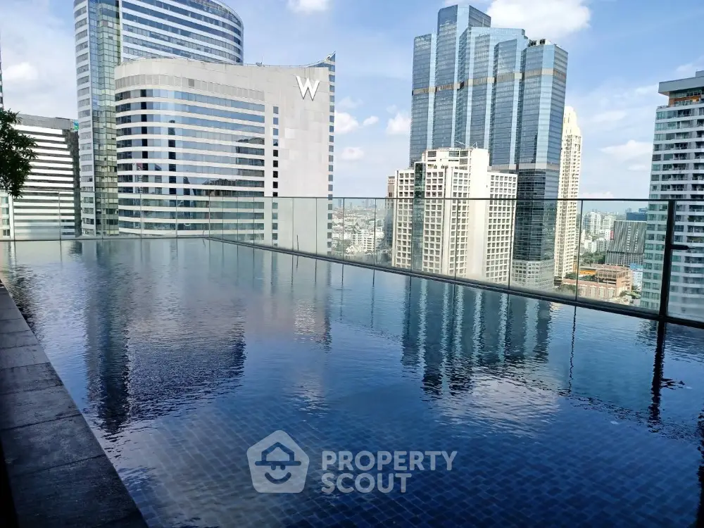 Luxurious rooftop pool with stunning city skyline view in modern high-rise building.