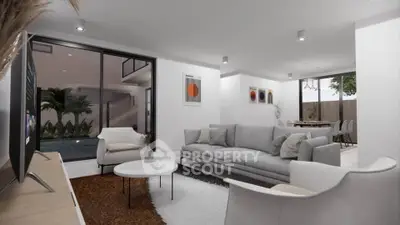 Modern living room with sleek furniture and pool view, open layout design for luxury living.