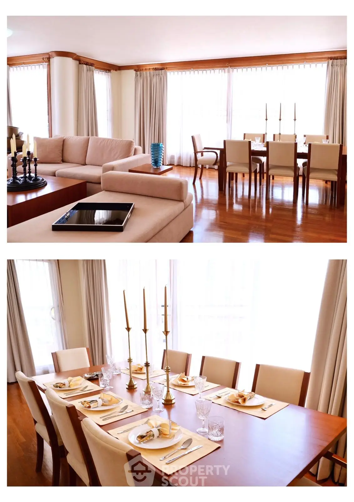 Spacious living and dining area with elegant decor and natural light