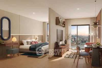 Luxurious open-plan bedroom and living area with stunning city view, modern decor, and elegant furnishings.