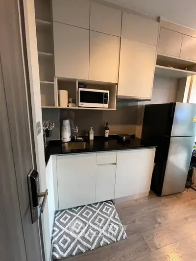 Modern compact kitchen with sleek cabinetry and appliances in a stylish apartment.