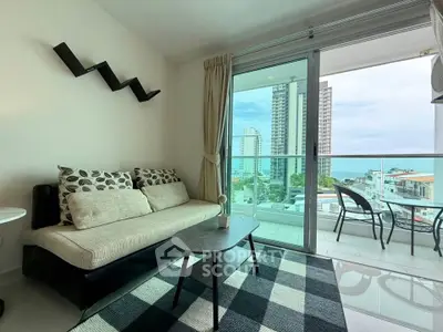 Modern living room with balcony view in high-rise apartment