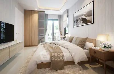 Modern bedroom with cozy decor, large window, and stylish furniture, offering a serene and inviting atmosphere.