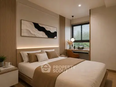 Modern bedroom with stylish decor and natural light, featuring a cozy bed and work desk.