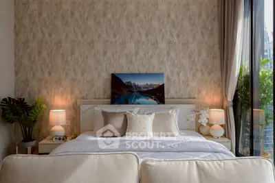 Luxurious bedroom with elegant decor and large window offering stunning city views.