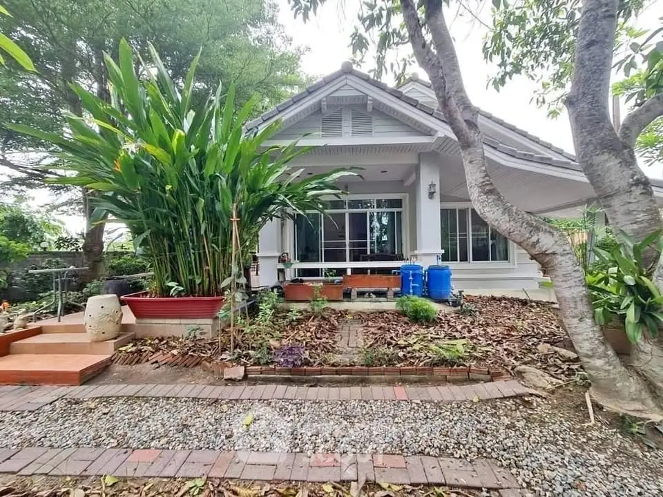 Charming single-story house with lush garden and inviting entrance