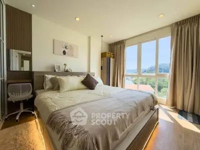 Luxurious bedroom with stunning view and modern decor, featuring large windows and elegant furnishings.