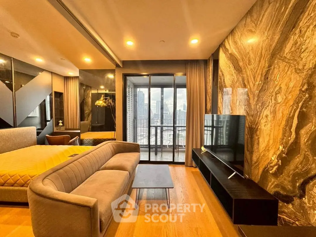 Luxurious living room with stunning city view and modern decor