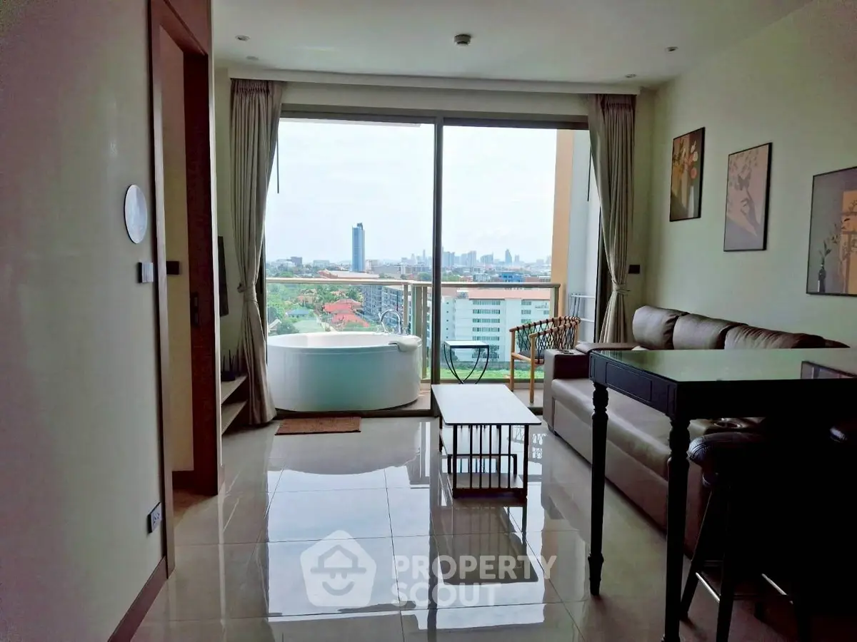 Modern living room with city view and balcony jacuzzi