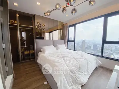 Luxurious bedroom with panoramic city view and modern lighting