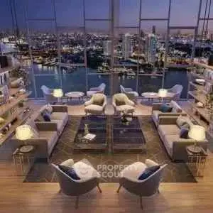 Luxurious living room with stunning city skyline view and elegant furnishings.