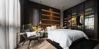Luxurious modern bedroom with elegant decor and spacious wardrobe