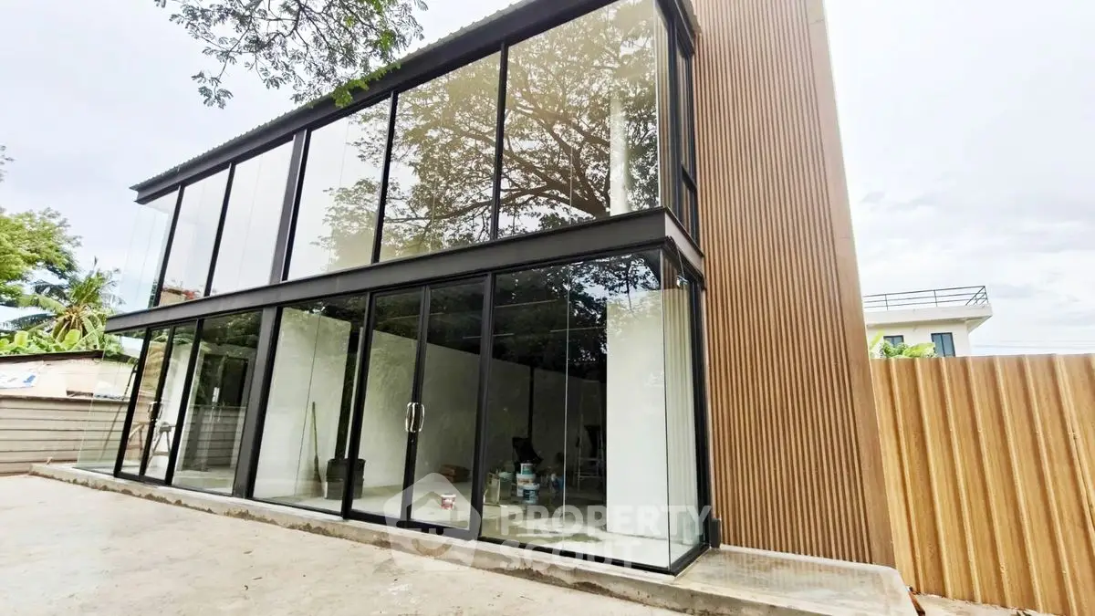 Modern glass-fronted building with sleek design and wooden accents
