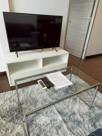 Modern living room with sleek TV stand and glass coffee table on plush rug.
