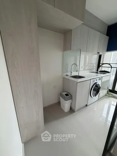 Modern kitchen with sleek cabinetry and built-in washing machine