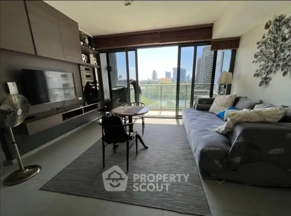 Modern living room with city view and stylish decor