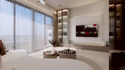 Luxurious modern living room with large windows and stylish decor