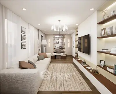 Luxurious modern living room with elegant decor and spacious seating area.