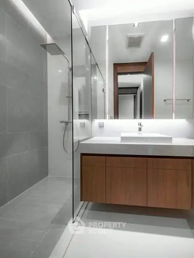 Modern bathroom with sleek design, glass shower, and elegant vanity in a contemporary home.