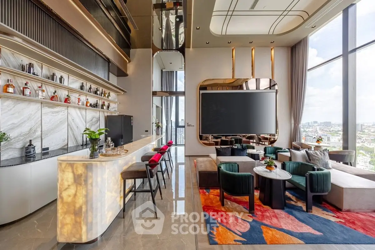 Luxurious modern living room with high ceilings, elegant decor, and panoramic city views.