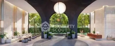 Luxurious modern lobby with elegant design and lush greenery view