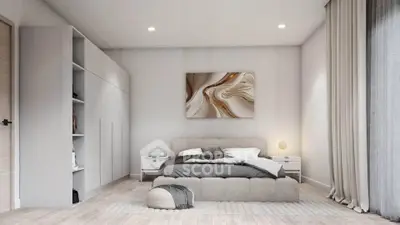 Modern bedroom with stylish decor and ample storage space