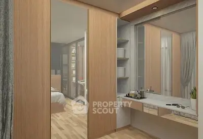 Modern bedroom with sleek wooden accents and mirrored closet doors