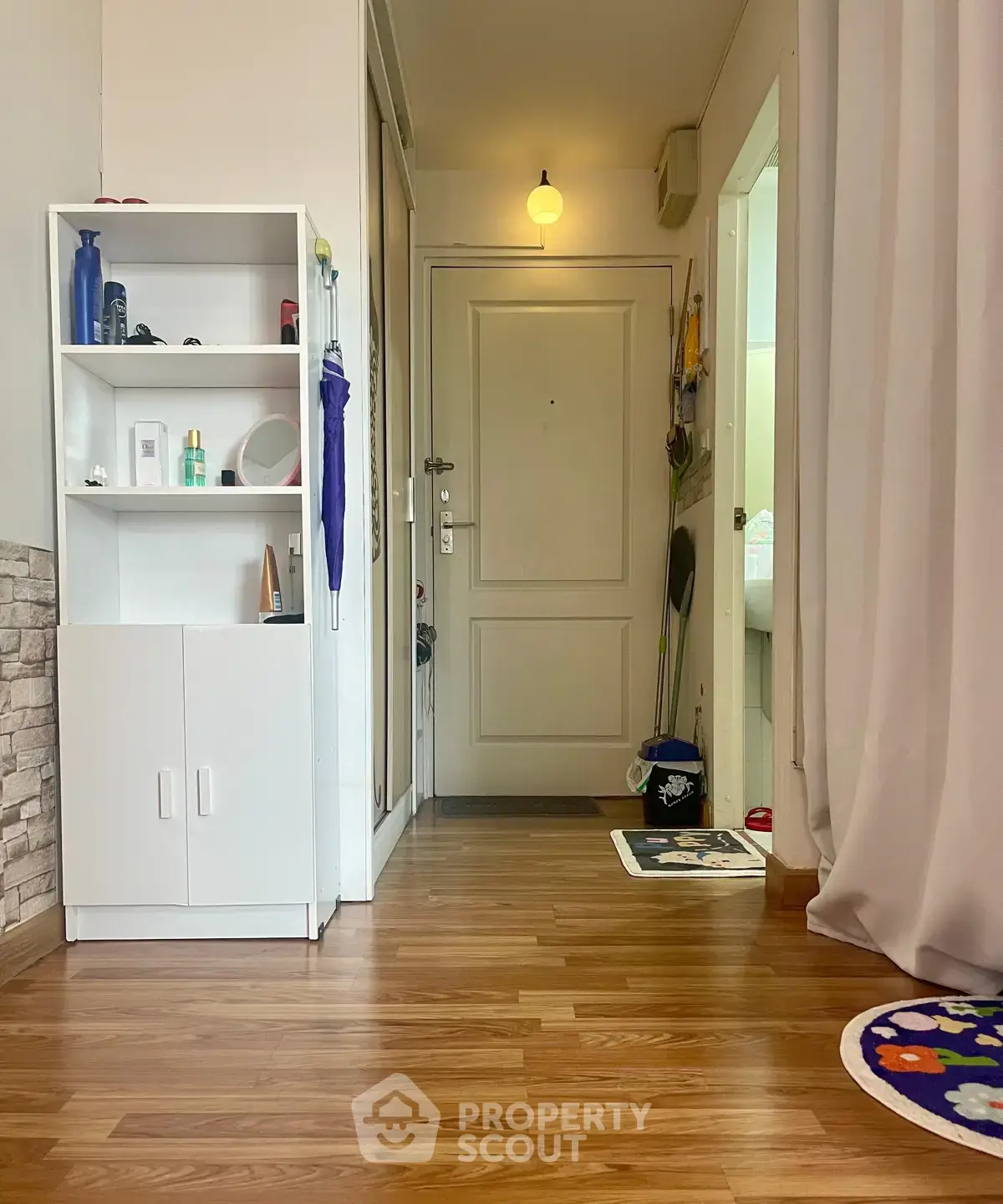 Charming apartment entrance with wooden flooring and modern decor