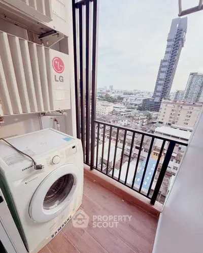 Modern balcony with city view and washing machine, perfect for urban living.