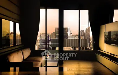 Luxurious living room with stunning city skyline view through large windows, modern decor and cozy seating.