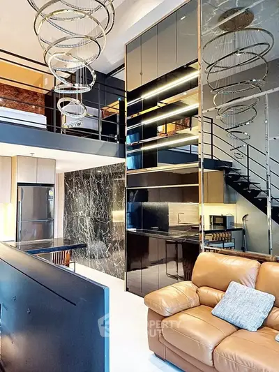 Luxurious modern loft with elegant staircase and high-end kitchen appliances