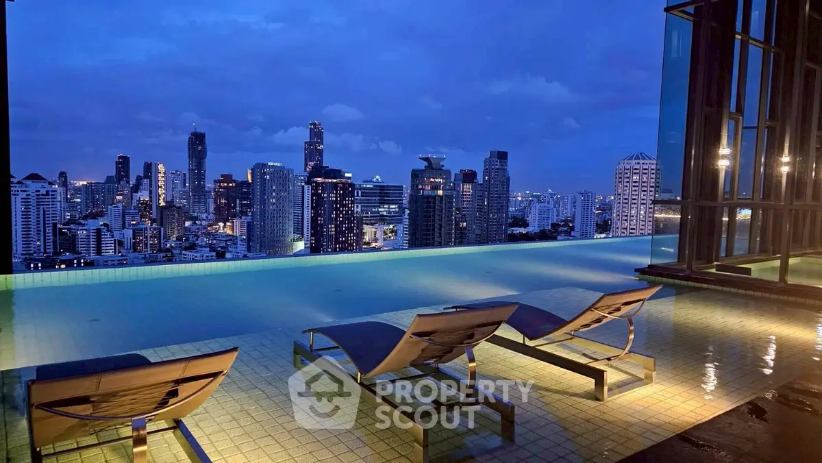 Luxurious rooftop infinity pool with stunning city skyline view at dusk